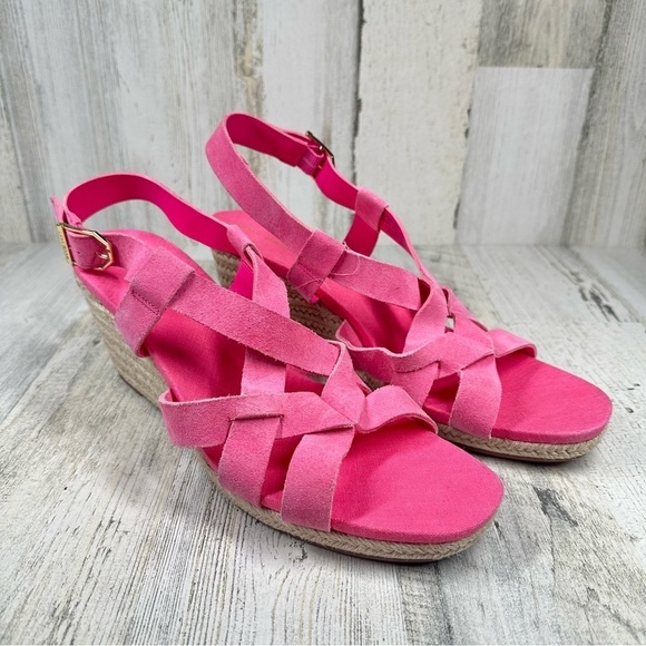 New Cole Haan Crystal Pink Neon Suede Wedge Sandals #195 - Picture 8 of 12